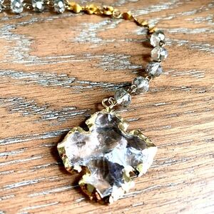 Long Gold Cross Necklace Gray Silver Crystal Faceted Beads